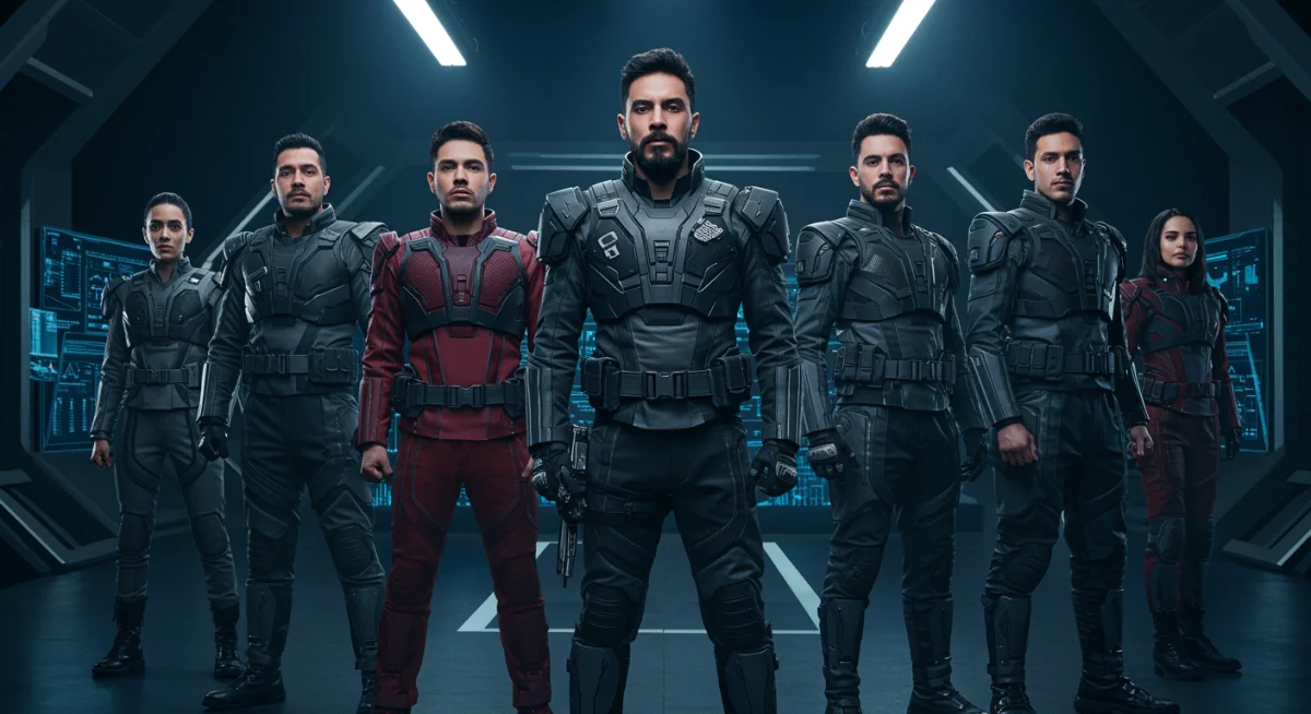 Actores mexicanos con vestuario futurista en un set de alta tecnología.