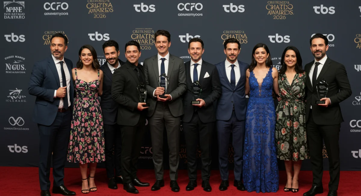 Actores de una serie mexicana aclamada posando con premios en la alfombra roja, simbolizando el éxito crítico.