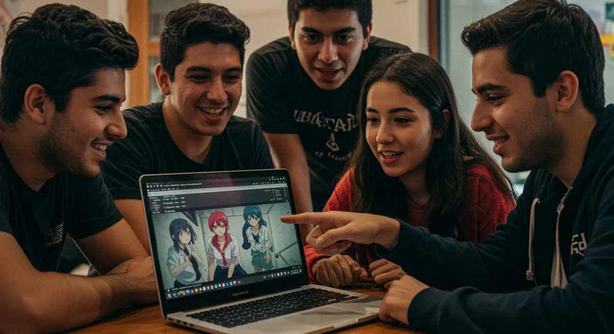 Amigos mexicanos compartiendo sus opiniones sobre anime en una laptop.