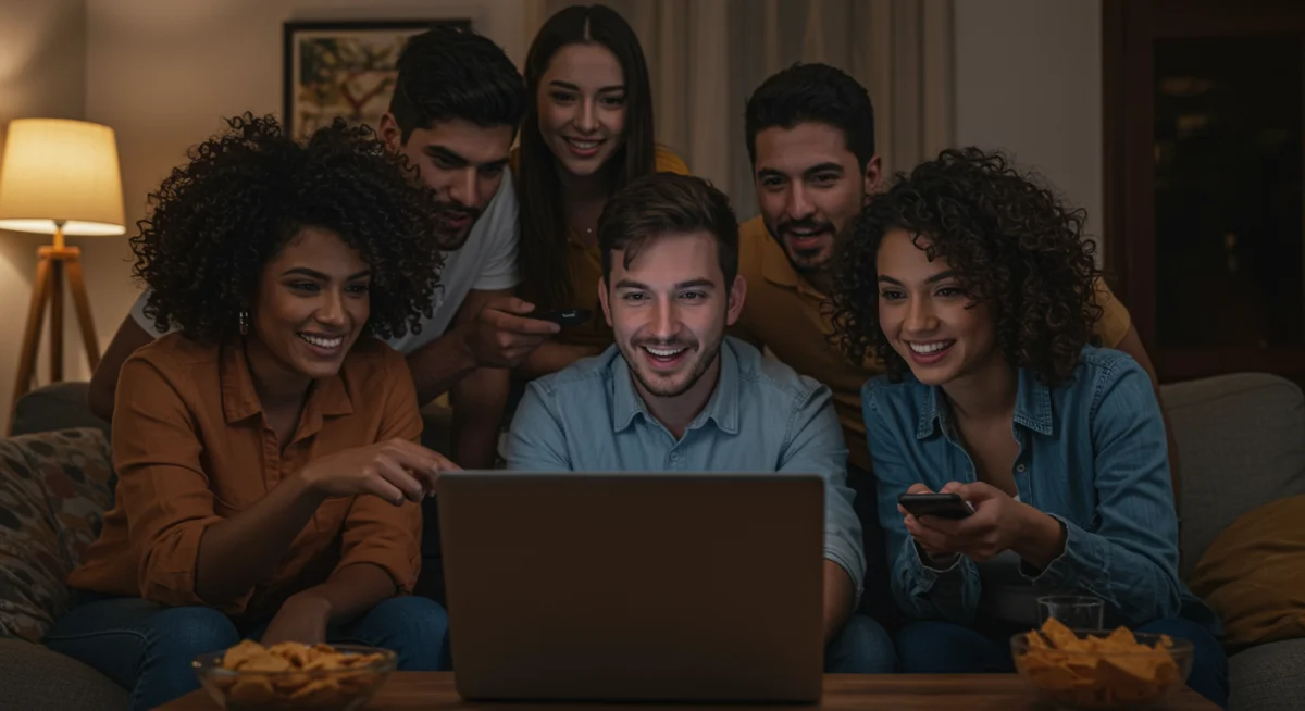 Amigos disfrutando de una serie juntos con una extensión de sincronización en Chrome en México.