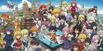 Personajes de anime viendo series en una pantalla en México, con elementos culturales fusionados.