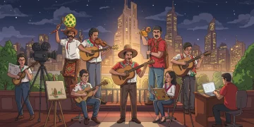 Representación artística del apoyo gubernamental a la producción cultural mexicana en 2026, con elementos de cine, música, arte y literatura.