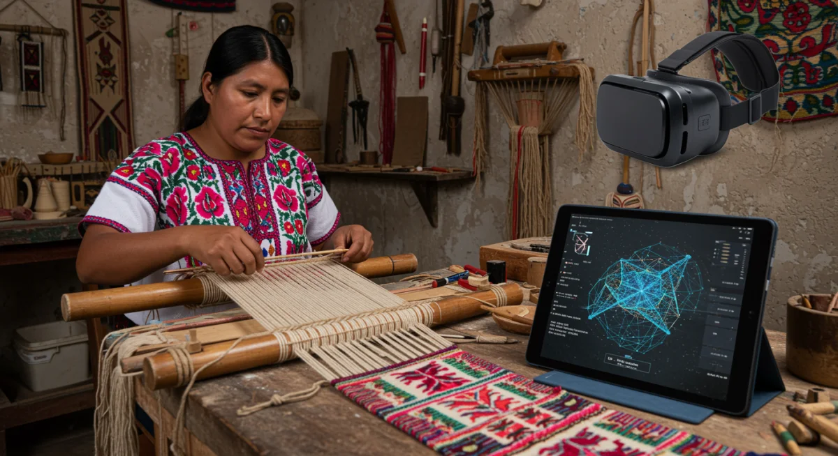Artesano indígena mexicano tejiendo, con una tablet mostrando archivos digitales de su técnica, simbolizando la digitalización del conocimiento ancestral.