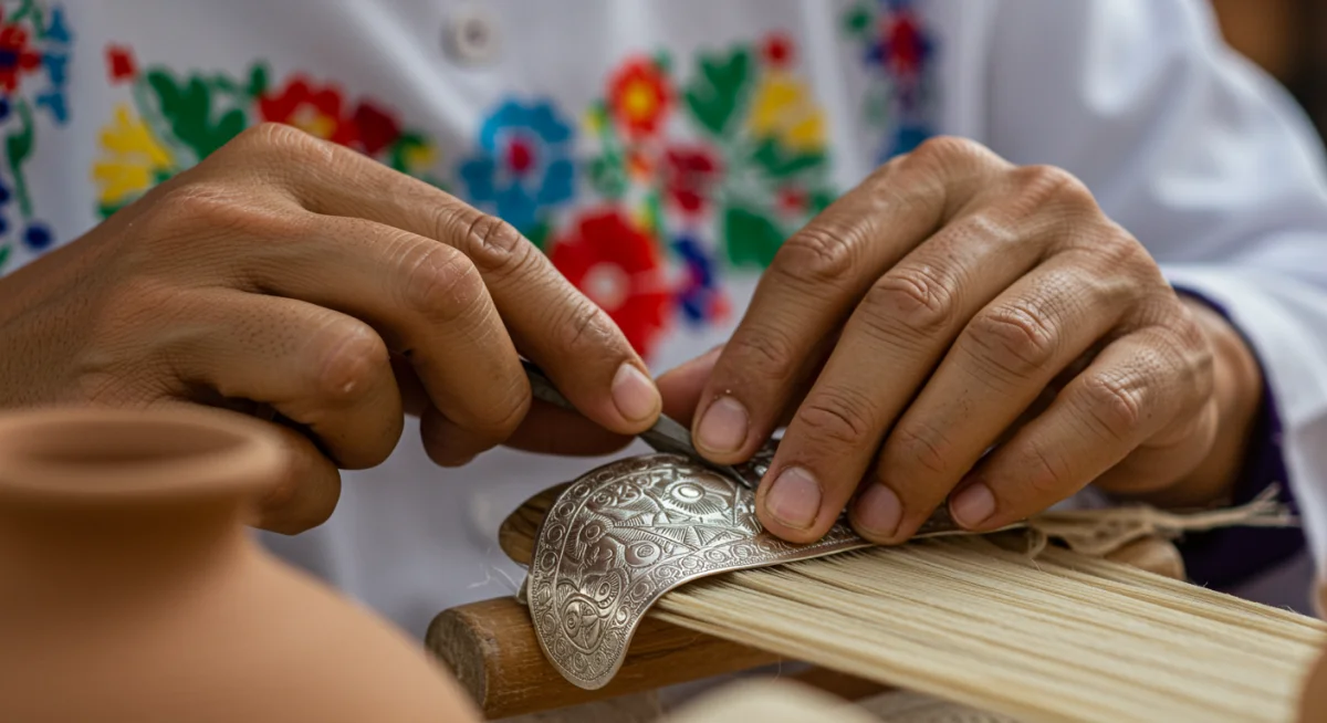 Manos de artesano mexicano creando una pieza de cerámica tradicional con detalles intrincados.
