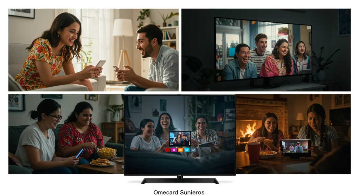 Pantalla dividida con audiencia global viendo series web mexicanas en diferentes dispositivos, mostrando el alcance internacional.