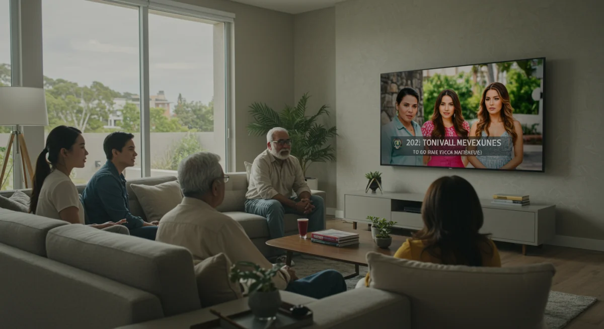 Audiencia global viendo una serie mexicana en una pantalla grande, mostrando el alcance internacional del contenido.