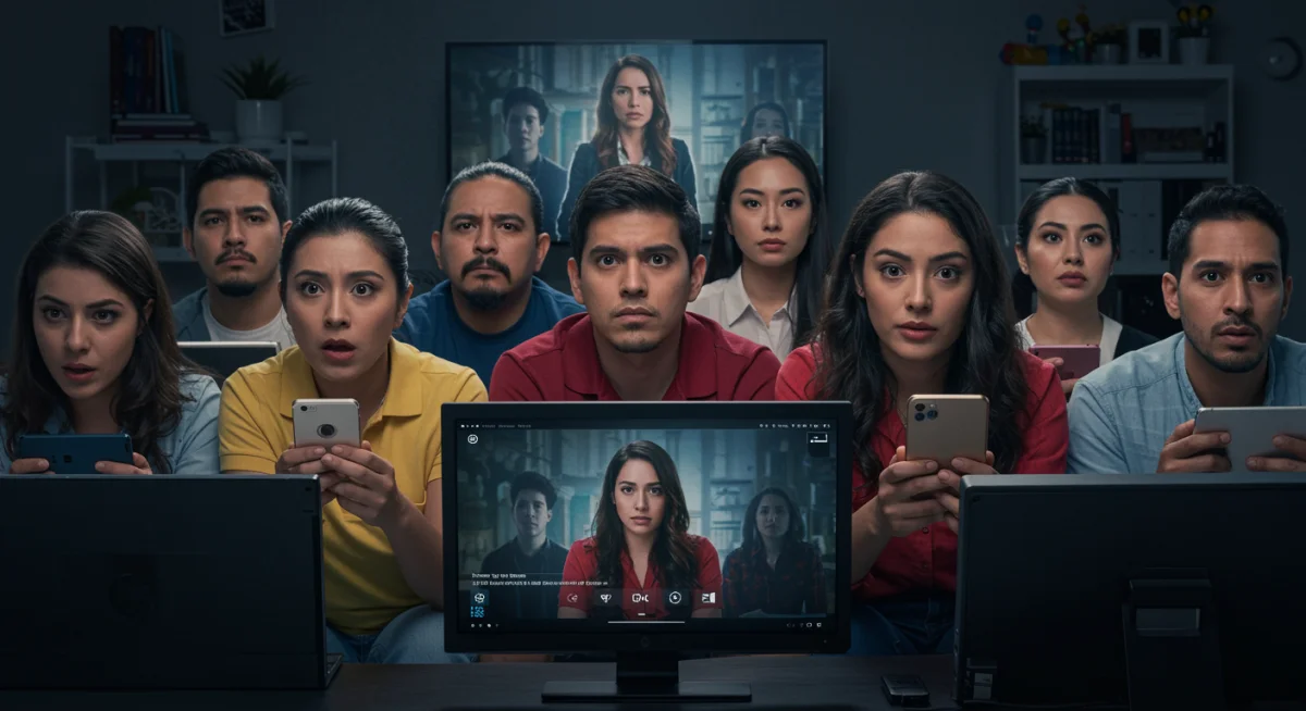 Audiencia diversa viendo una serie mexicana en diferentes dispositivos, mostrando el alcance global y la conexión cultural.