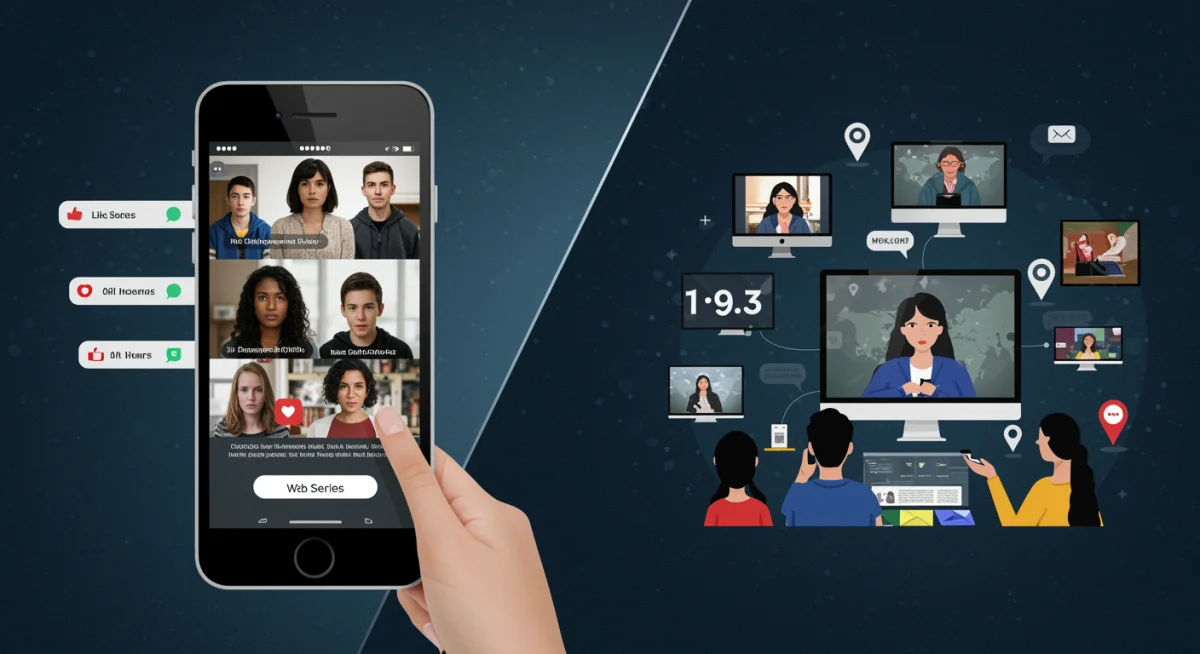 Audiencia global interactuando con series web mexicanas a través de plataformas digitales.
