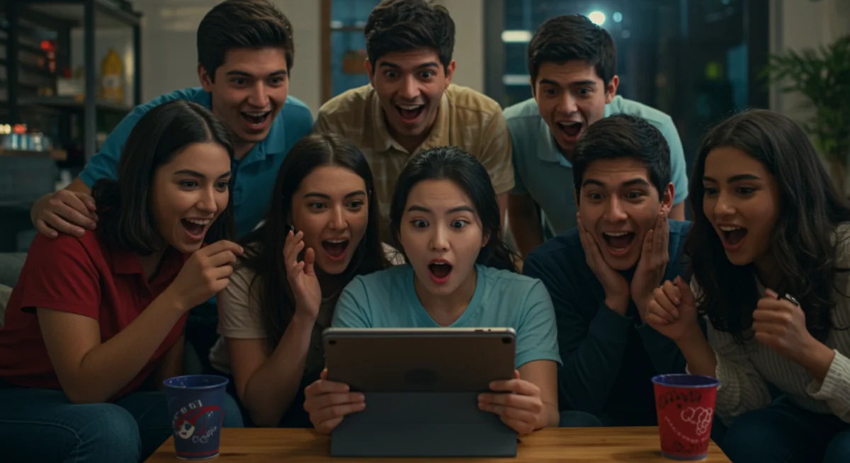 Jóvenes mexicanos viendo un drama coreano en grupo, mostrando entusiasmo y disfrute.