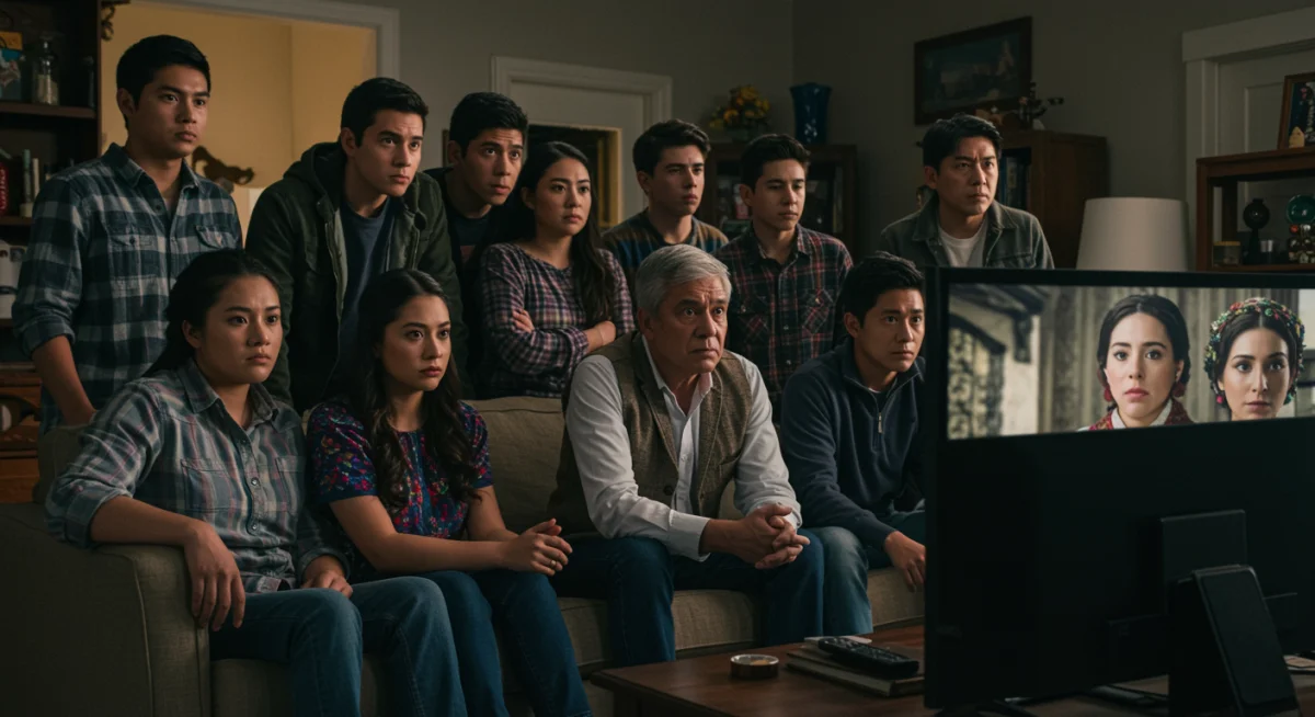 Familia mexicana de diversas generaciones viendo una serie histórica en televisión, mostrando conexión emocional y cultural.