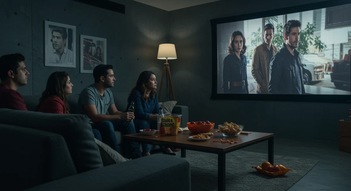 Familia mexicana disfrutando de una serie internacional en su sala, reflejando el impacto cultural.