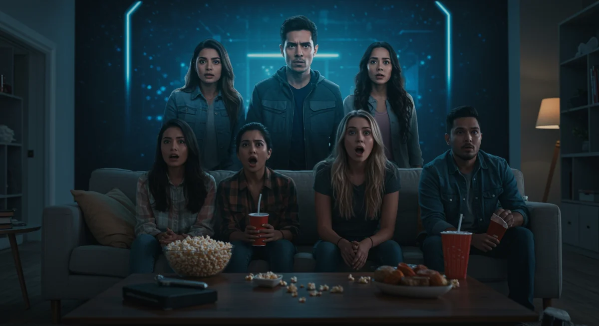 Audiencia mexicana cautivada viendo una serie de ciencia ficción en casa.