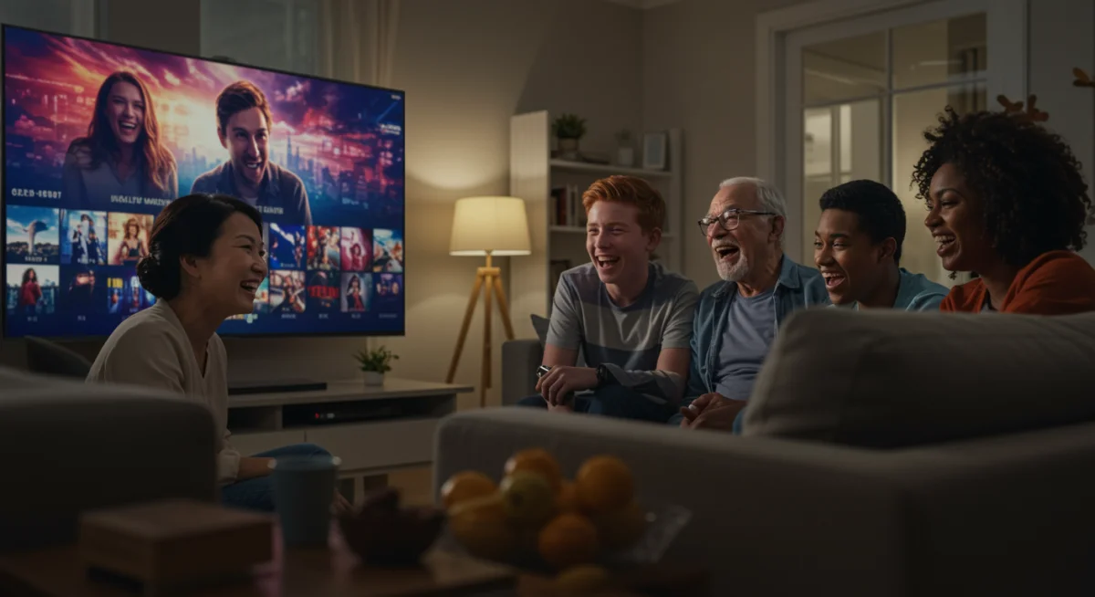 Familia y amigos disfrutando de una serie mexicana en plataforma de streaming.