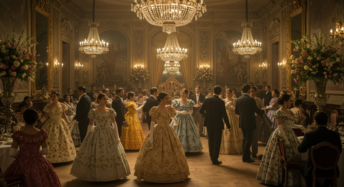 Escena de un baile de salón del siglo XIX en México, con personajes elegantemente vestidos en un entorno opulento.