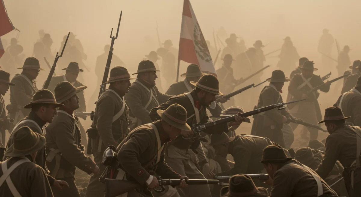 Momento intenso de una batalla histórica en México, con soldados en uniformes de época y un ambiente de acción.