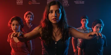 Cartel de una película independiente mexicana con estética vibrante, destacando su ascenso en el panorama internacional.