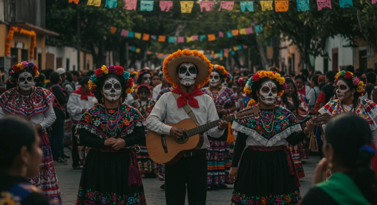 Escena de un documental mostrando una celebración tradicional mexicana con música y trajes coloridos.