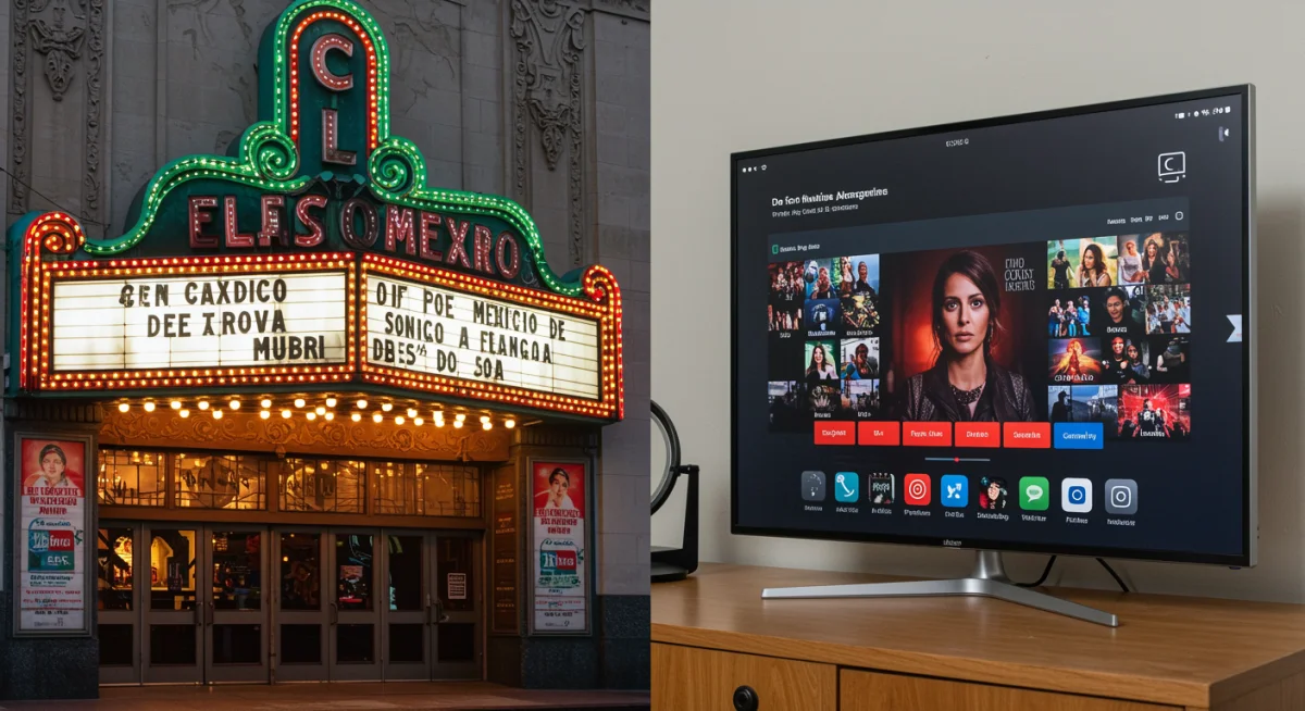 Contraste entre sala de cine tradicional y pantalla de streaming mostrando contenido mexicano y la evolución de los derechos de autor.