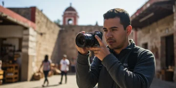 Cineasta grabando un mini-documental en un mercado tradicional mexicano, capturando la esencia cultural y social del país.