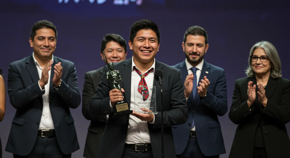 Joven cineasta indígena recibiendo un premio en un festival de cine mexicano, simbolizando el reconocimiento a talentos emergentes y la diversidad en el cine.