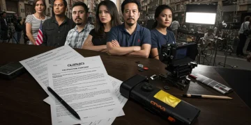 Cineastas internacionales colaborando en México, rodeados de documentos legales sobre derechos de autor.