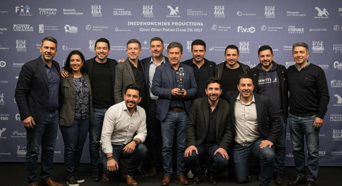 Equipo de cineastas mexicanos celebrando un premio en un festival de cine internacional, con trofeo en mano.