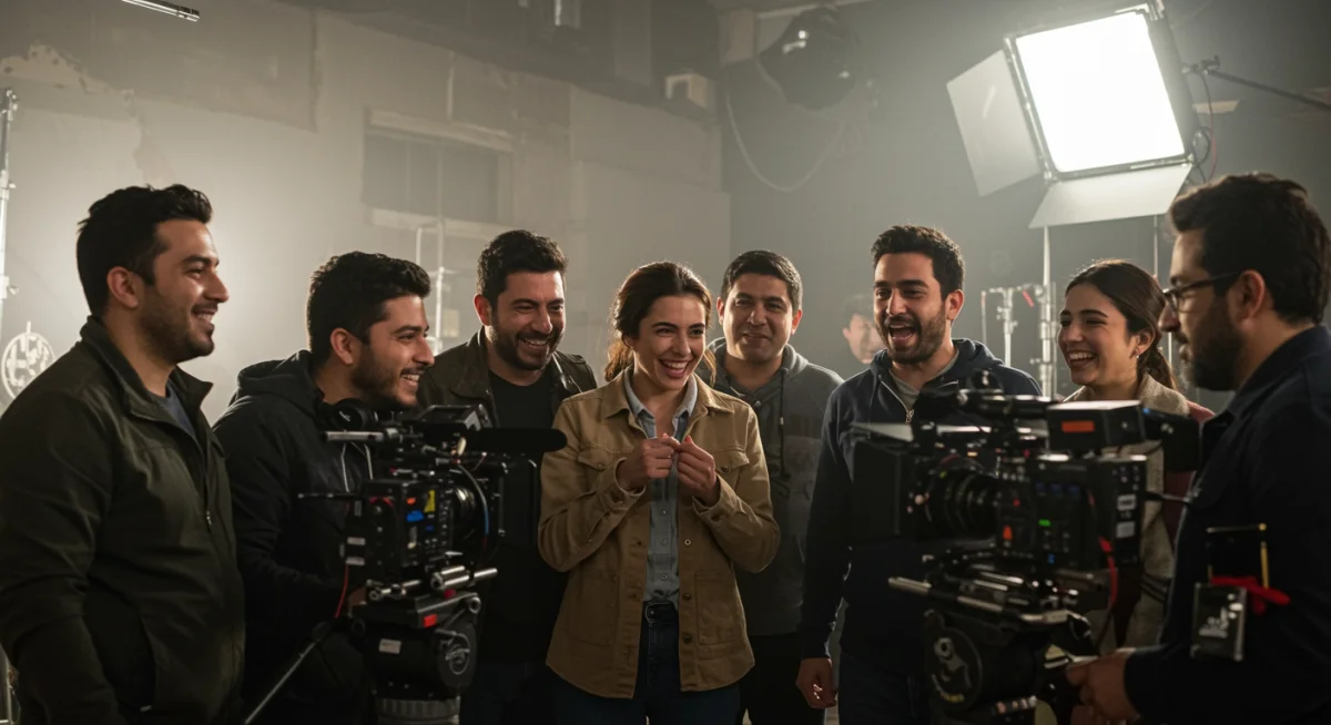 Equipo de cineastas mexicanos colaborando en un set de filmación, reflejando la nueva era de producción.