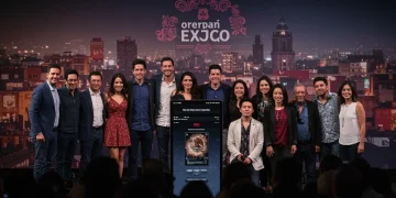 Cineastas mexicanos independientes celebrando el éxito de una película en una plataforma de streaming, con el skyline de la Ciudad de México de fondo.