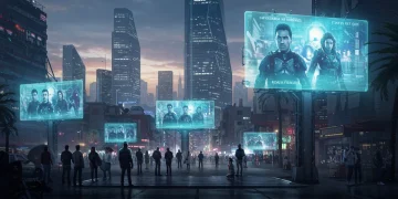Paisaje urbano futurista mexicano con hologramas de series de ciencia ficción.