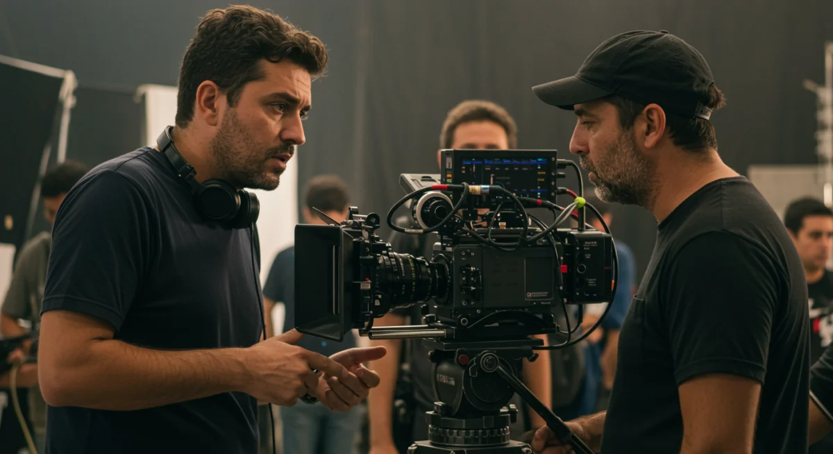 Director y cineasta colaborando en un set de filmación moderno en México, reflejando la inversión en tecnología y talento.