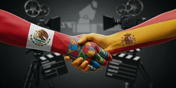 Manos que simbolizan la colaboración en coproducciones entre México y España con equipo de cine de fondo.