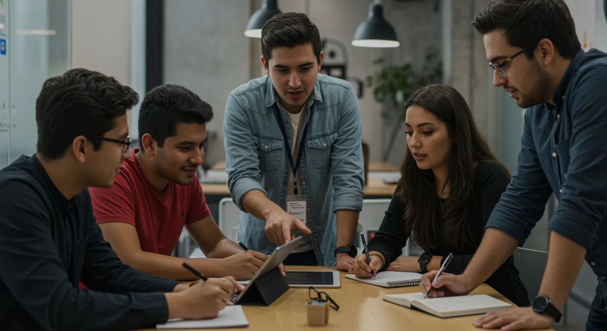 Jóvenes profesionales mexicanos colaborando y aplicando conceptos de micro-aprendizaje.