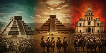 Collage dramático de momentos históricos clave de México, evocando las series de drama histórico.