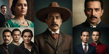 Collage visual de series biográficas mexicanas, mostrando figuras históricas y elementos de producción moderna.
