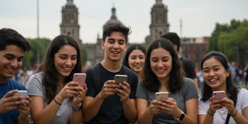 Jóvenes mexicanos interactuando con contenido de formato corto en sus celulares, reflejando comunidad y engagement digital.