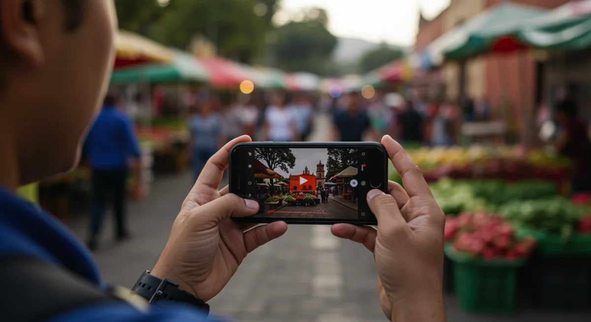 Persona viendo un video corto en un celular en un mercado mexicano, ilustrando el consumo de contenido móvil.