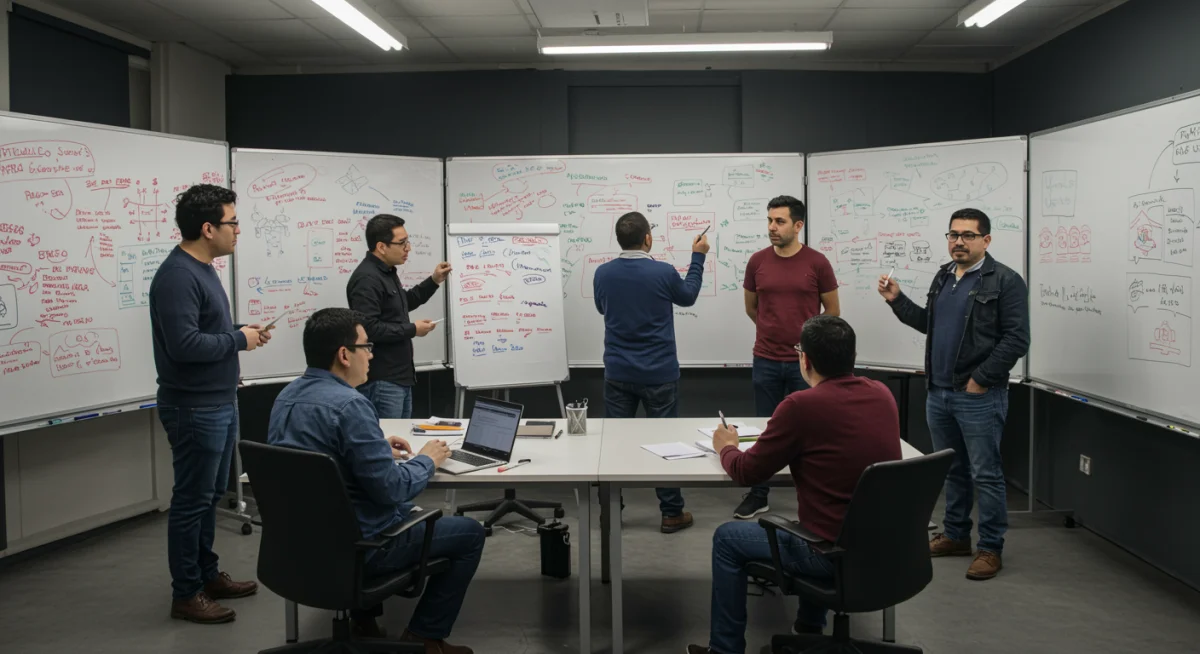 Escritores y directores mexicanos colaborando en un estudio moderno, generando ideas para una nueva serie, mostrando la creatividad local.