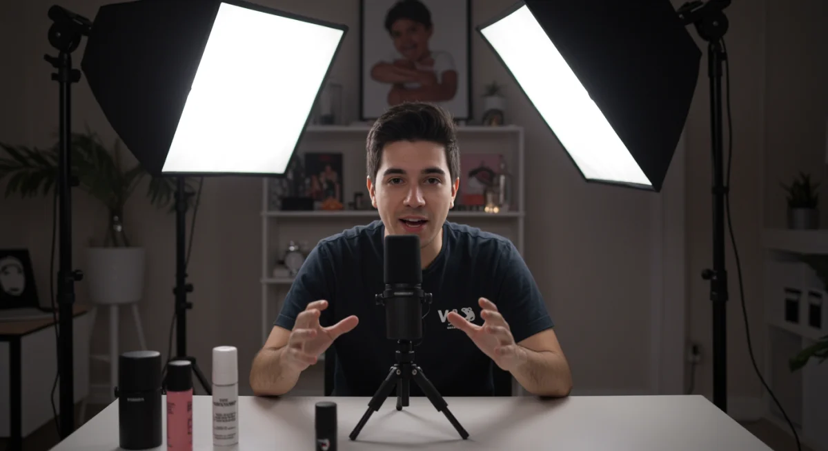 Creador de contenido mexicano interactuando con su audiencia en vivo, mostrando un producto.