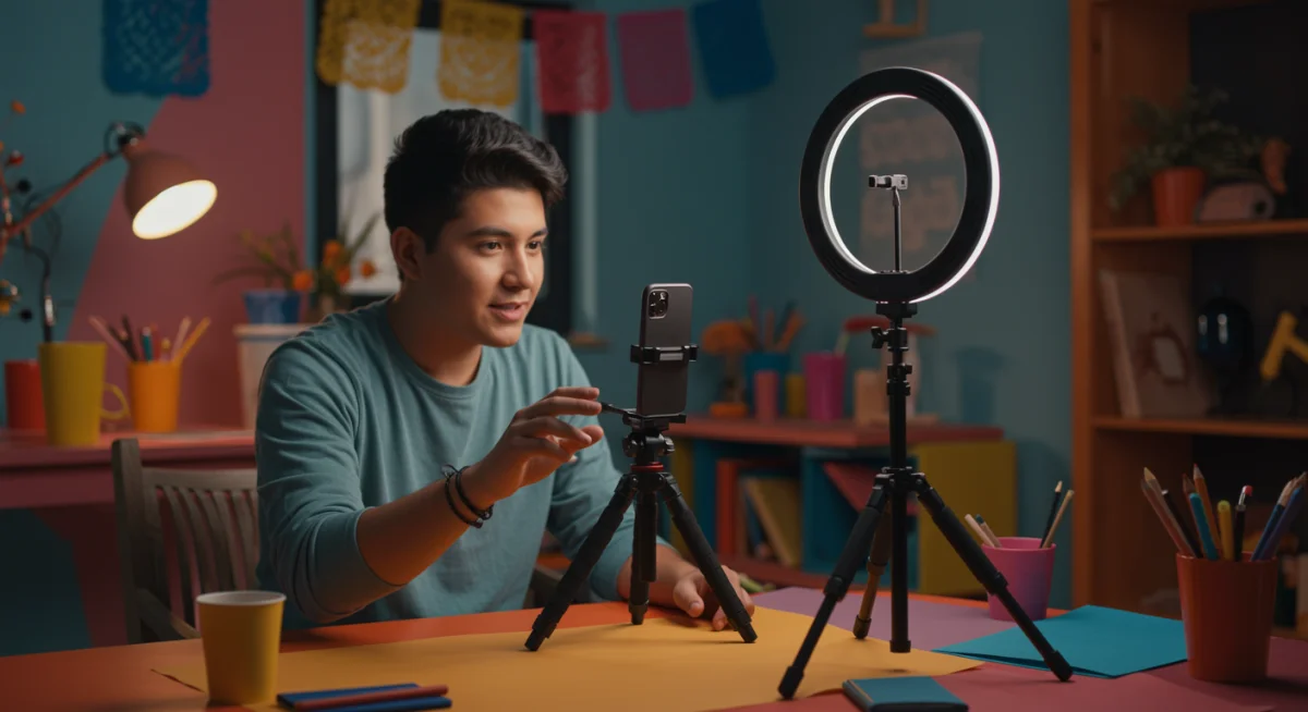 Joven creador de contenido mexicano filmando un video de formato corto con un smartphone y equipo de iluminación, reflejando la tendencia de producción auténtica y local.