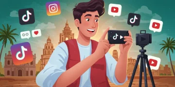 Creador de contenido mexicano filmando un video corto para TikTok, con iconos de redes sociales y elementos culturales de México.