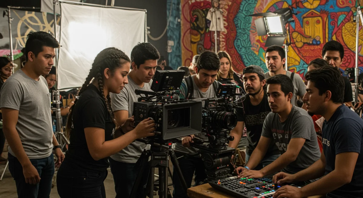 Jóvenes cineastas mexicanos trabajando en un set, simbolizando la producción independiente y la creatividad emergente.