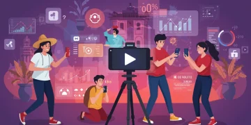 Creadores mexicanos de formato corto grabando videos con celulares, rodeados de gráficos de ingresos y elementos digitales, simbolizando el éxito en monetización.
