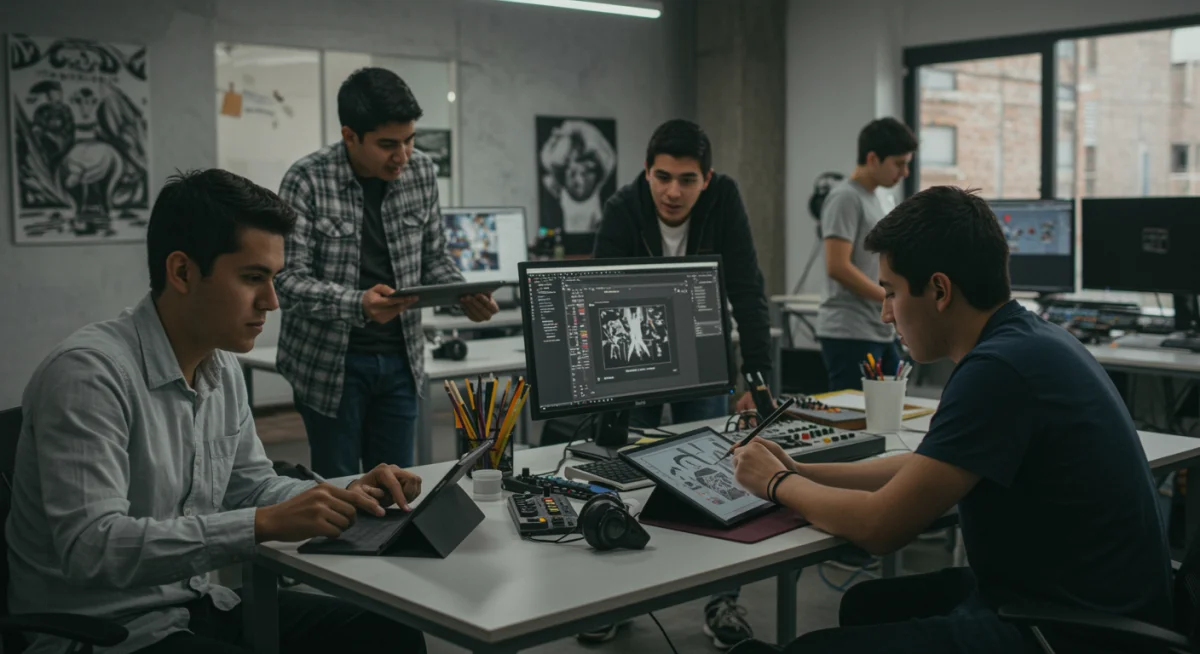 Jóvenes creadores mexicanos colaborando en un estudio moderno, simbolizando el impulso a la innovación cultural.