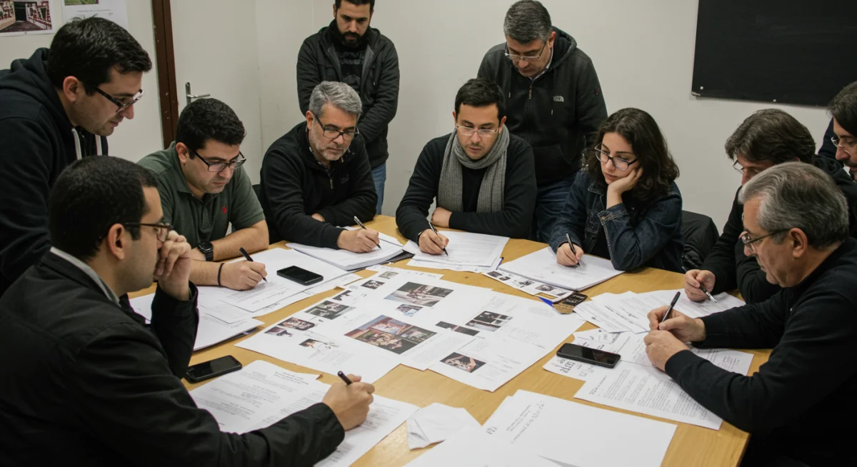 Creativos mexicanos y españoles discutiendo proyectos de coproducción en una mesa de trabajo.