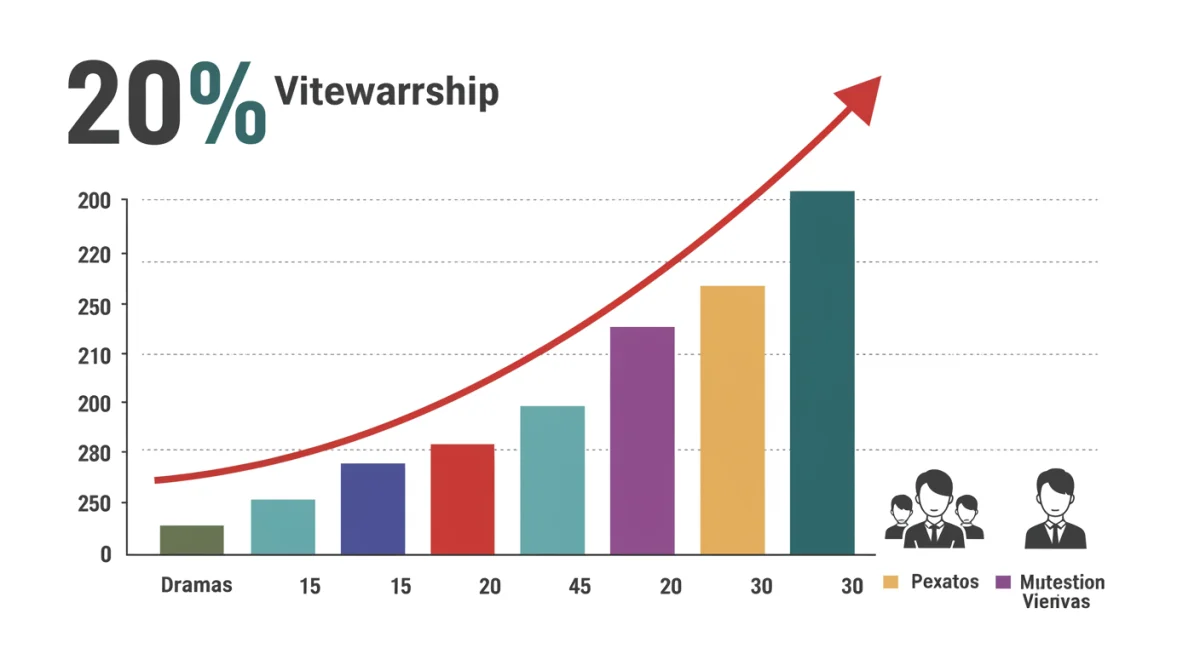 Gráfico visualmente atractivo que muestra el crecimiento del 20% en la audiencia de dramas coreanos en México, con barras ascendentes y elementos de diseño modernos.