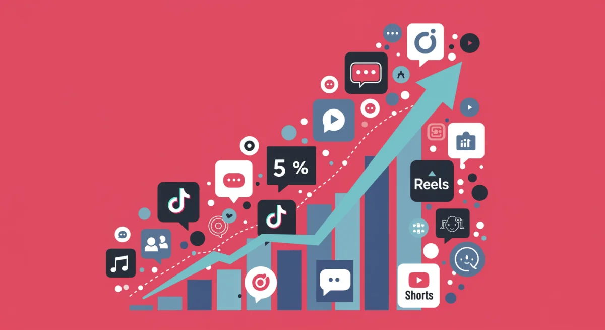 Gráfica de crecimiento del 50% en seguidores, con iconos de plataformas de contenido corto, simbolizando el éxito en México.