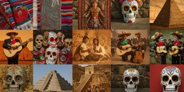 Collage vibrante de elementos culturales mexicanos, incluyendo pirámides, textiles y arte tradicional.