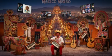 Mural vibrante con elementos de la cultura mexicana tradicional y moderna, simbolizando el crecimiento del consumo cultural.