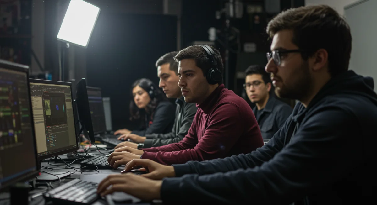 Estudiantes de cine mexicanos aprendiendo sobre postproducción y efectos especiales, simbolizando el desarrollo de talento local.