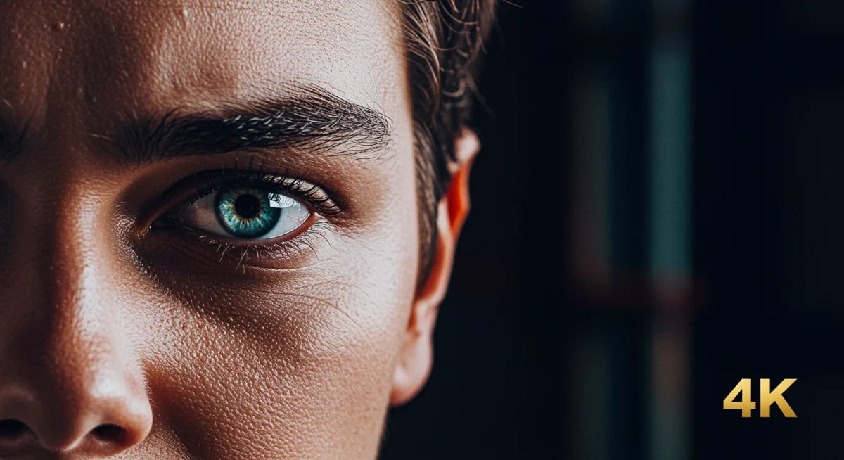 Detalle de rostro de personaje en pantalla 4K con alta definición.